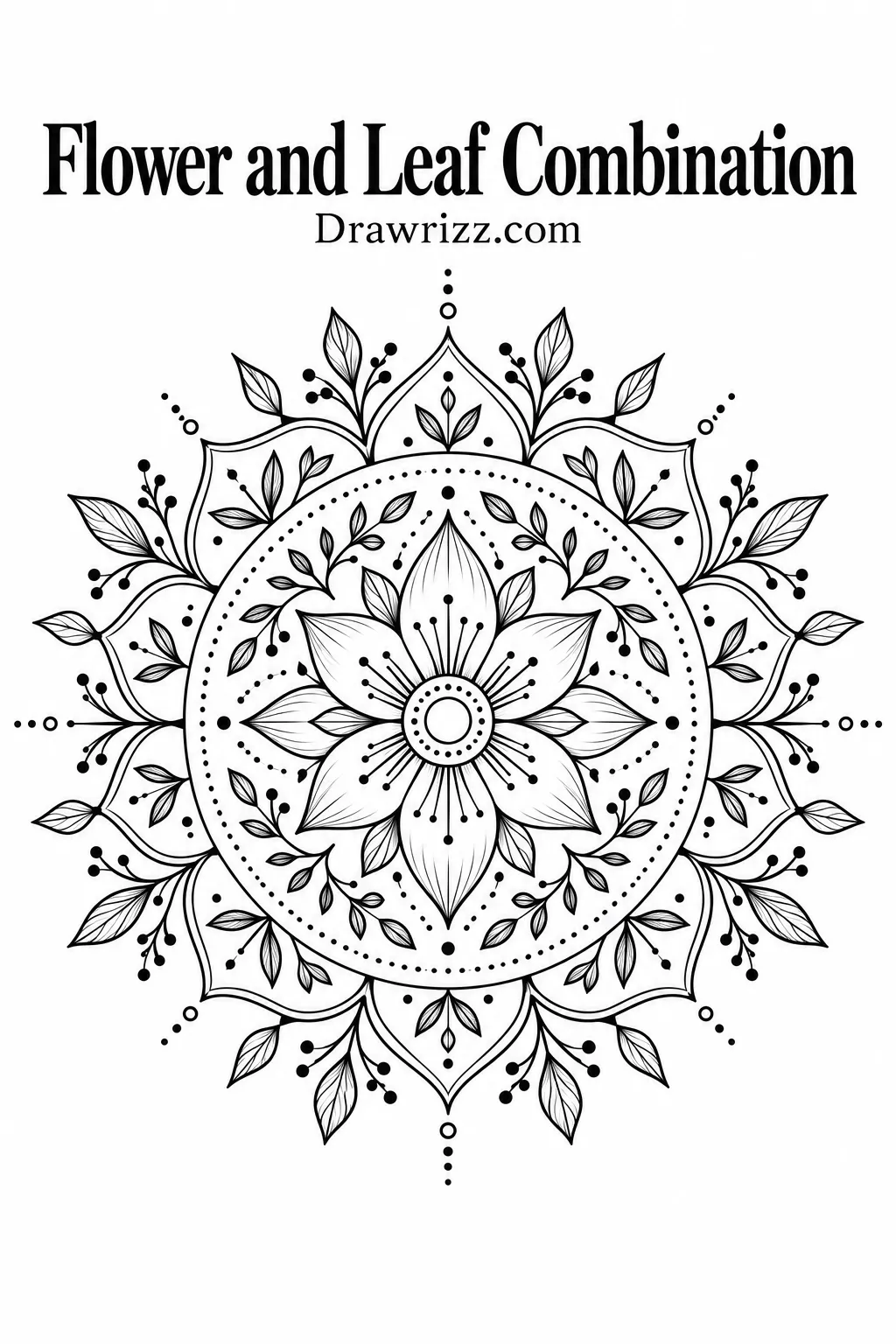 Mandala Drawing Ideas featuring a flower and leaf combination with layered petals, delicate foliage, dotted accents, and balanced radial symmetry.