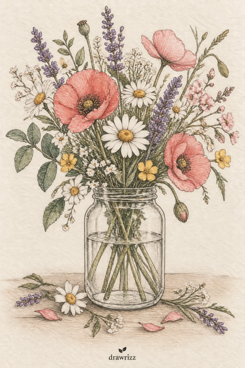 Colored pencil illustration of pink poppies, white daisies, purple lavender, and yellow wildflowers in a glass jar of water on a beige surface