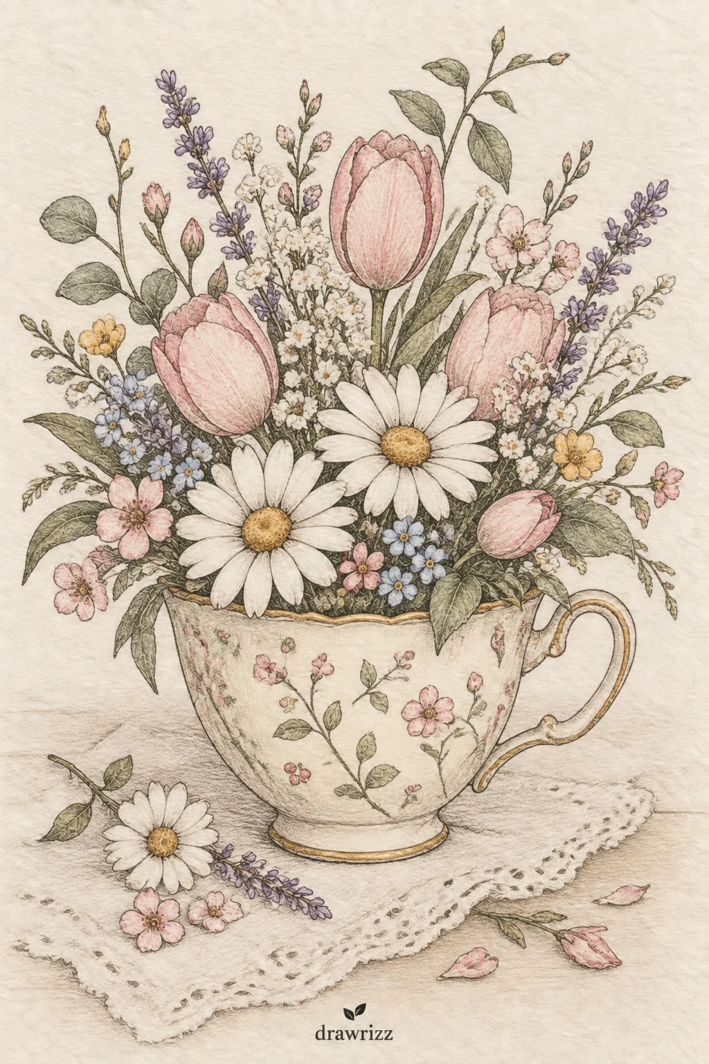 Flowers in a Teacup easy flower drawing ideas featuring tulips, daisies, lavender and tiny blossoms arranged in a vintage floral teacup.