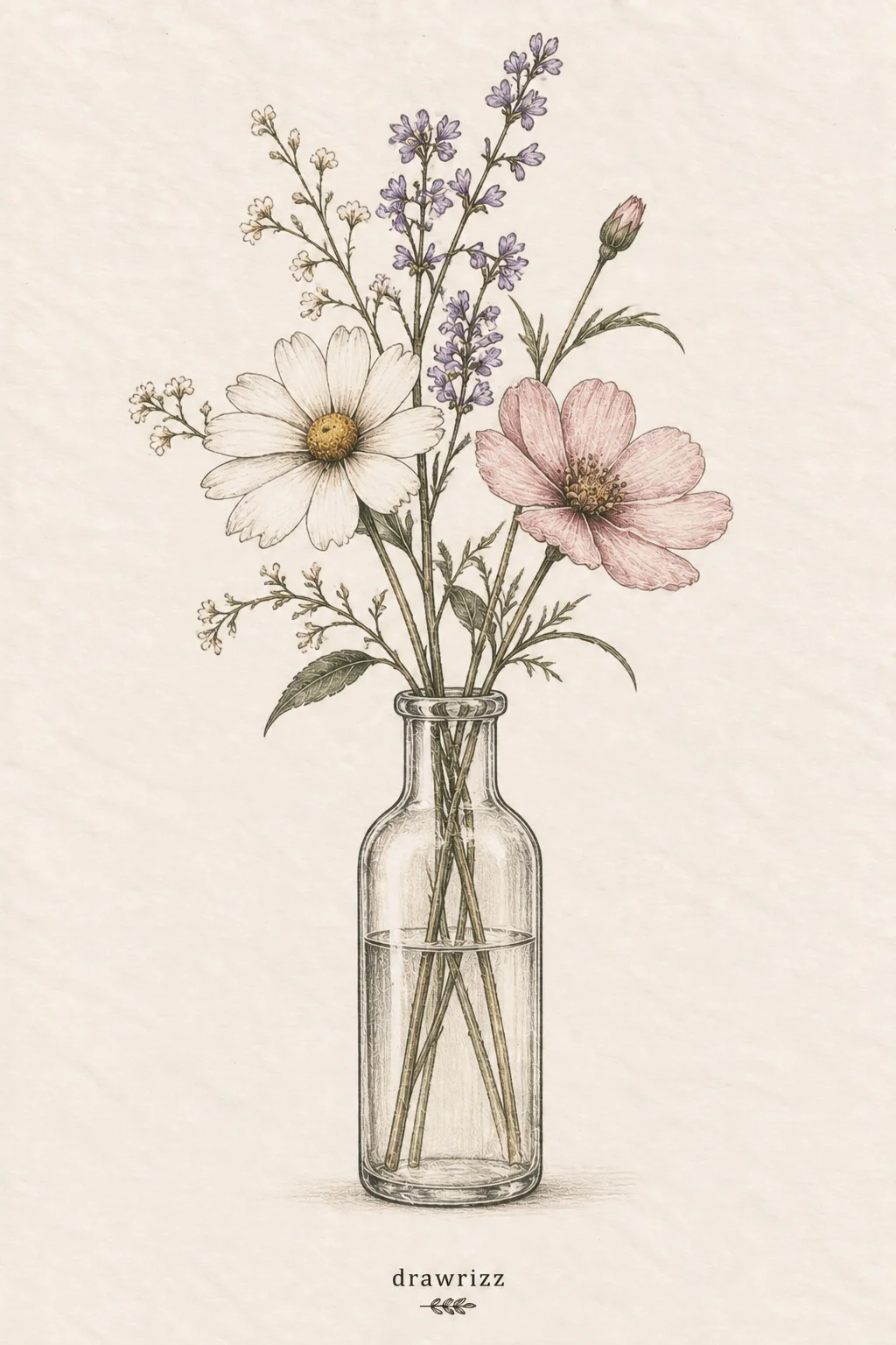 Flowers in a Vintage Bottle flower drawing ideas featuring delicate daisies, soft pink wildflowers, lavender sprigs, tiny blossoms, leafy stems, and a transparent glass bottle in an elegant botanical illustration.