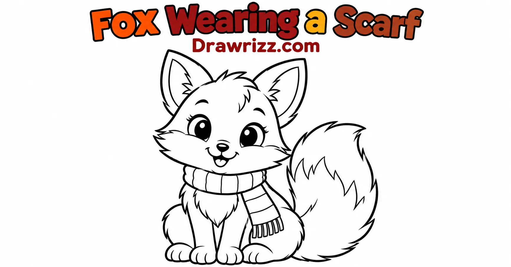 Fall Drawing Ideas featuring a cute fox wearing a cozy scarf with simple black outlines, perfect for kids and easy autumn sketches.