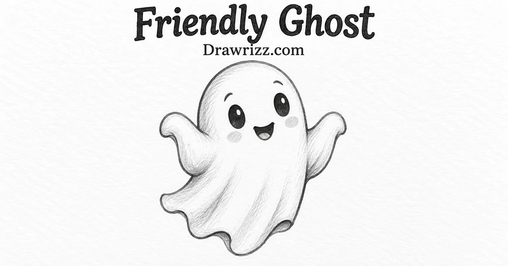35 Halloween Drawing Ideas for Cute and Spooky Sketches Halloween Drawing Ideas featuring a friendly ghost with cute eyes, happy smile and pencil shading for simple spooky sketches.
