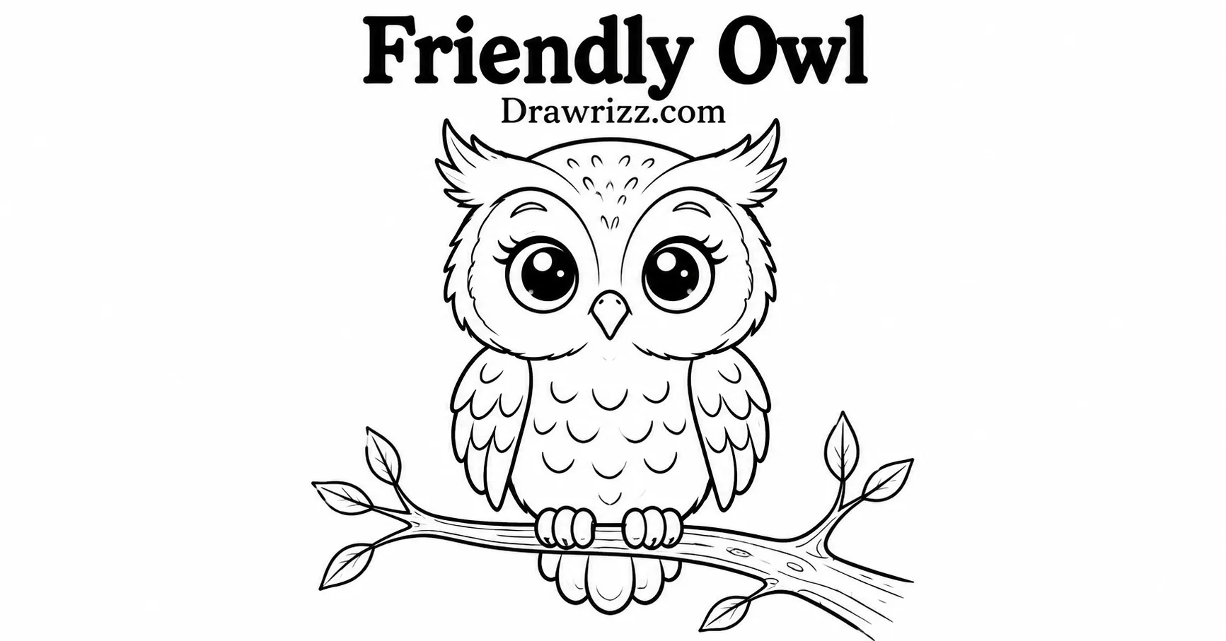 35 Halloween Drawing Ideas for Cute and Spooky Sketches Friendly Owl drawing featuring a cute wide-eyed owl perched on a leafy branch with clean black-and-white coloring page outlines.