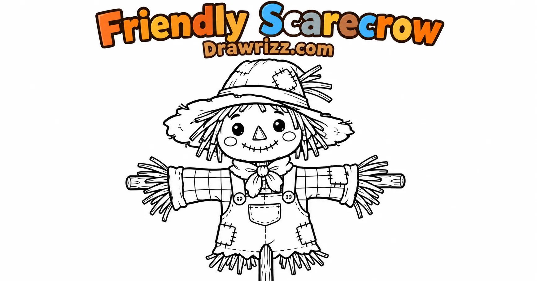 Fall Drawing Ideas featuring a friendly scarecrow with a floppy hat, patched outfit and straw details, perfect for kids and easy autumn sketches.