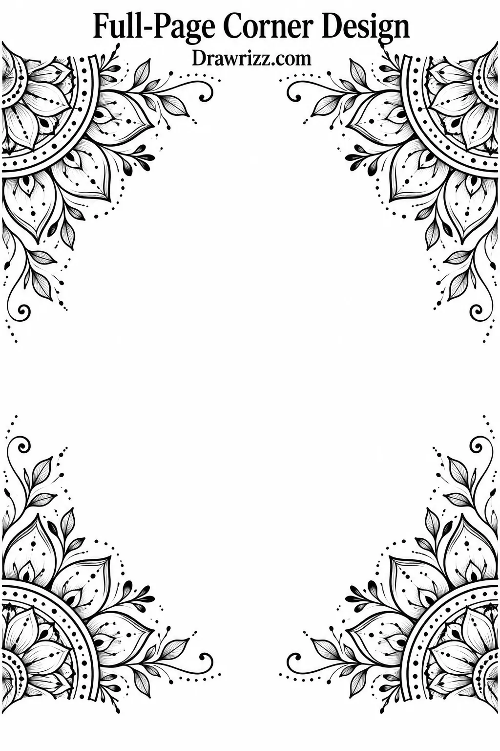 Mandala Drawing Ideas featuring an elegant full-page corner design with floral petals, leafy details, dotted accents, and open center space.