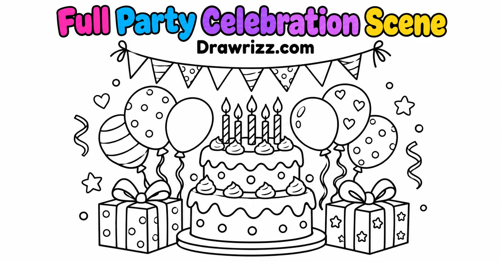 Happy Birthday Drawing Ideas featuring a full party scene with birthday cake, balloons, gifts and bunting in easy coloring line art