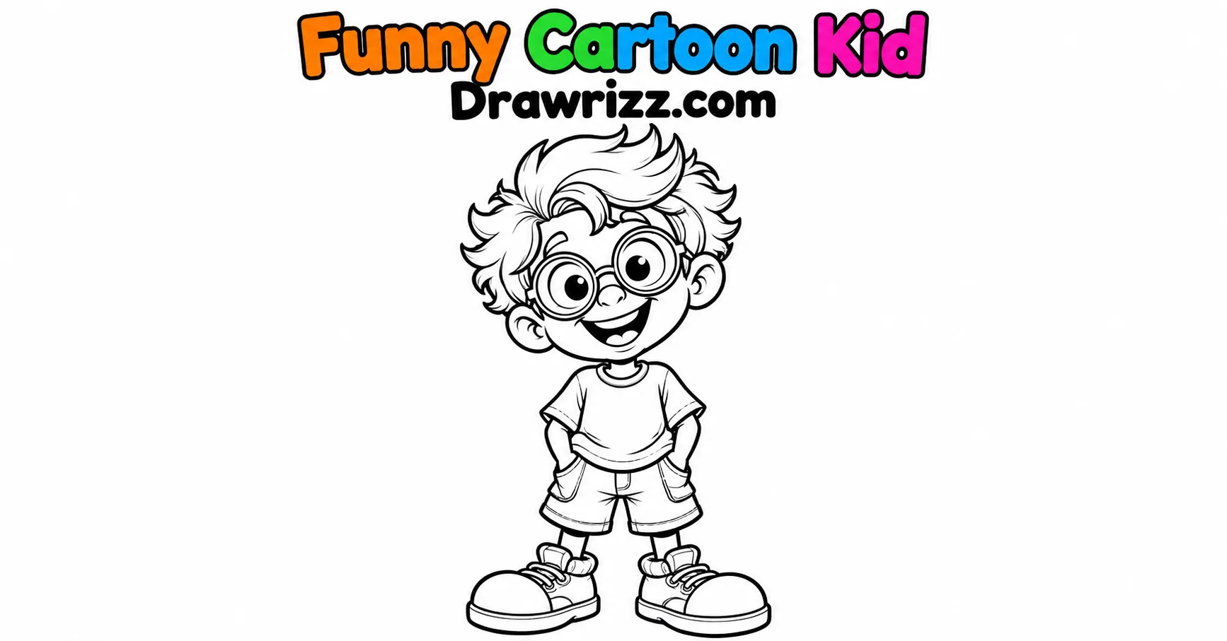 Character Sketch Ideas featuring a funny cartoon kid with round glasses, fluffy hair, big smile and casual outfit in black-and-white line art.