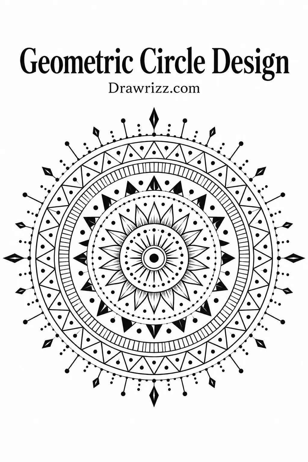 Mandala Drawing Ideas featuring a geometric circle design with layered triangles, dots, fine lines, and precise symmetrical radial patterns.