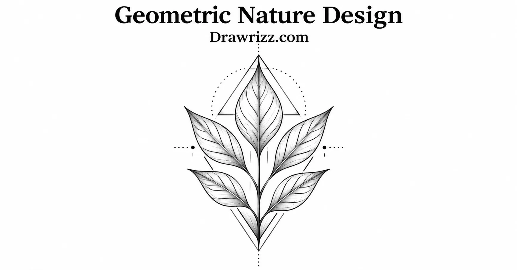 35 Leaf Drawing Ideas for Creative Botanical Sketches Leaf Drawing Ideas featuring a geometric nature design with five detailed leaves, clean shapes and black and white botanical art.