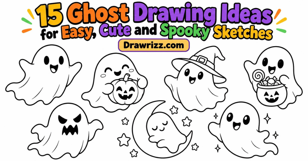 Ghost Drawing Ideas featuring 15 easy, cute and spooky black-and-white Halloween sketches for kids, beginners and creative artists.