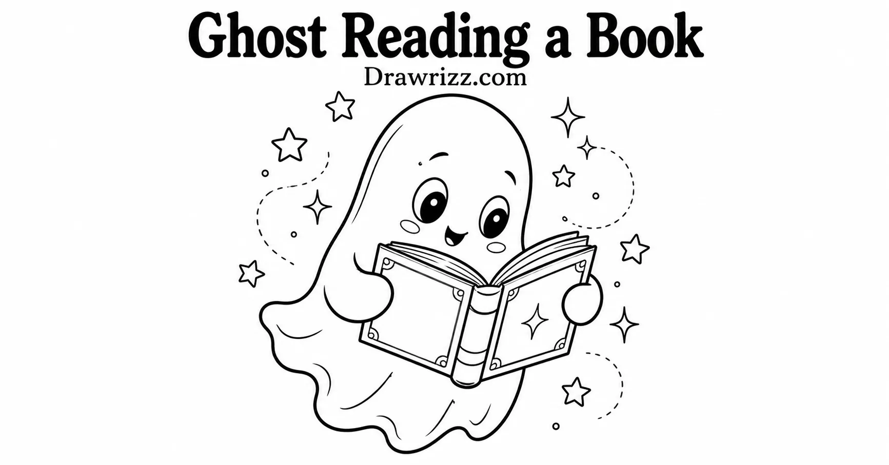 35 Halloween Drawing Ideas for Cute and Spooky Sketches Ghost Reading a Book drawing featuring a cute smiling ghost holding an open book surrounded by stars and magical sparkles