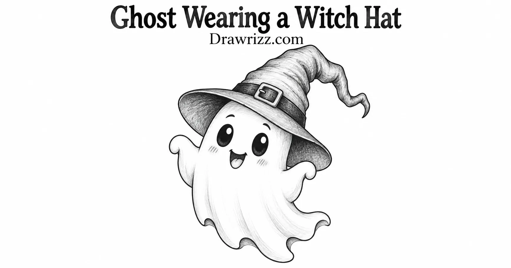 35 Halloween Drawing Ideas for Cute and Spooky Sketches Ghost Wearing a Witch Hat drawing featuring a cute smiling ghost in a crooked witch hat with buckle and detailed pencil shading.