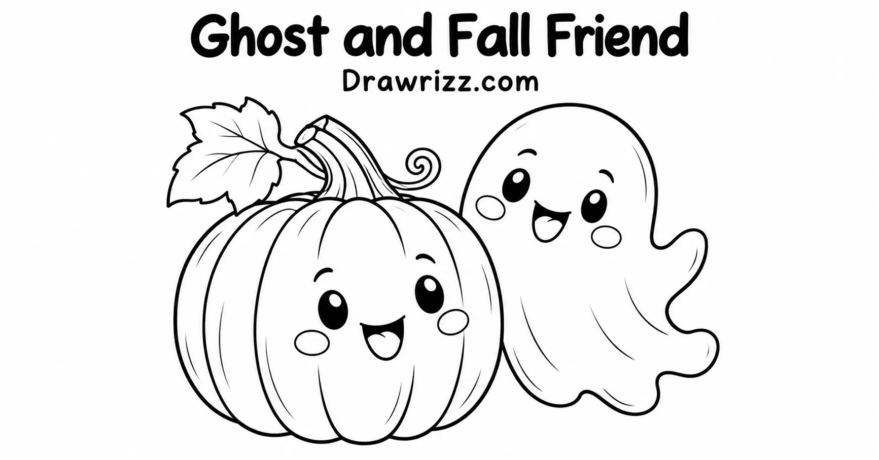 Pumpkin Drawing Ideas featuring a cute smiling pumpkin with a friendly ghost, leafy stem, and simple Halloween coloring art.