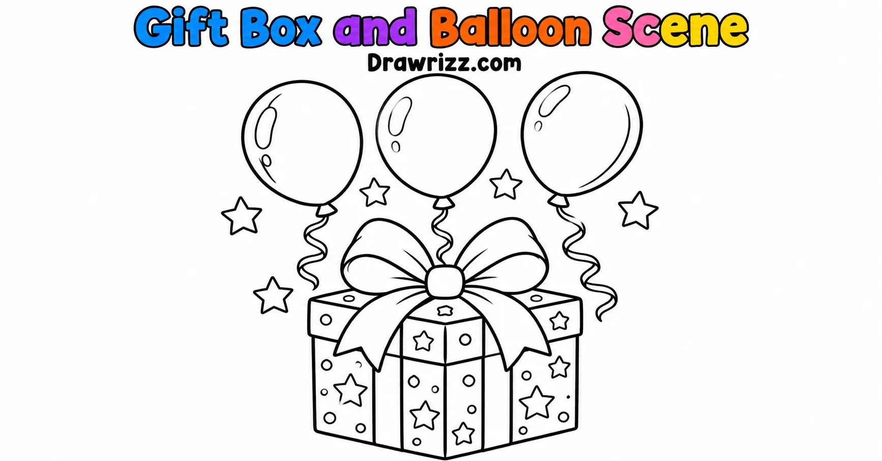 Happy Birthday Drawing Ideas featuring a gift box with a large bow, three floating balloons and stars in easy black and white line art