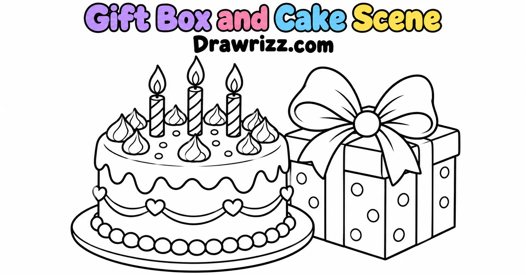 Birthday Cake Drawing Ideas featuring a festive cake with three candles, dripping frosting, heart details and a large gift box.