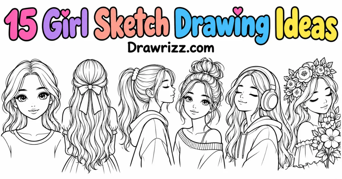 Girl Sketch Drawing Ideas featuring cute female portraits with long hair, ponytail, messy bun, headphones, and floral details
