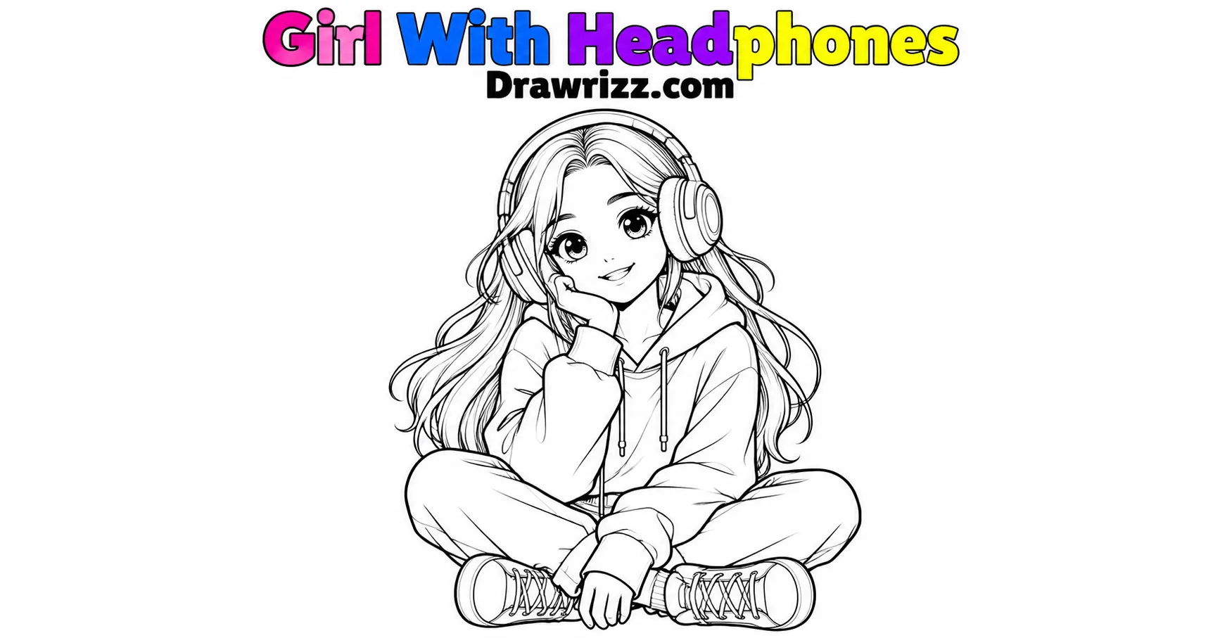 Character Sketch Ideas featuring a girl with headphones, long hair, hoodie and sneakers in a relaxed pose with clean black-and-white line art.