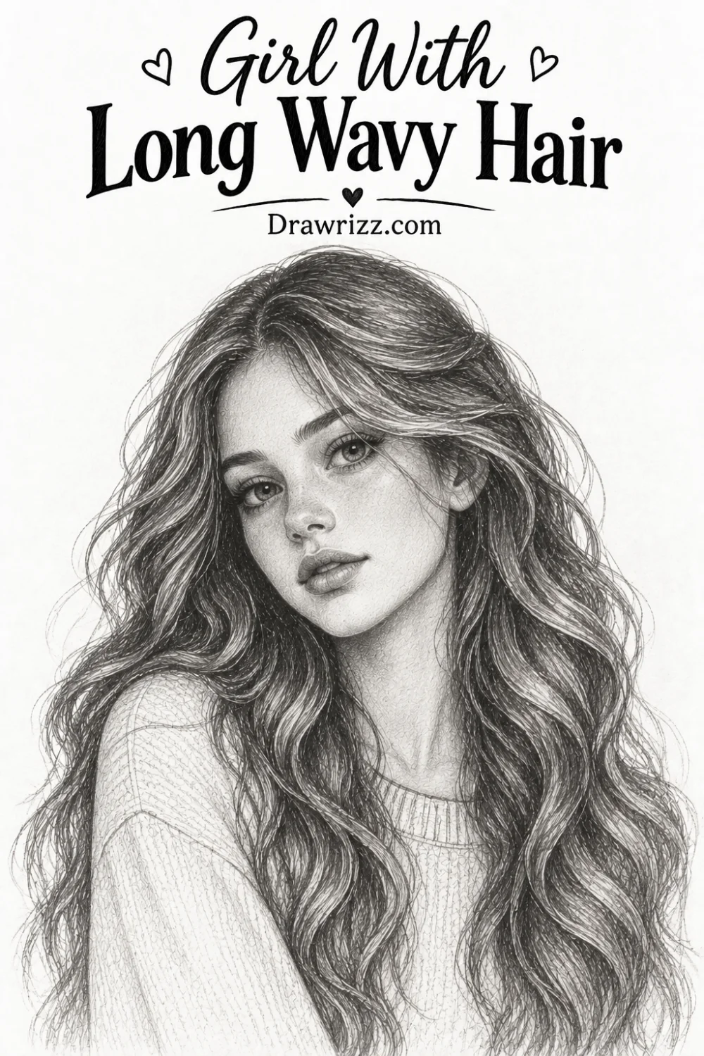 Girl with long wavy hair portrait drawing featuring a detailed pencil sketch, soft facial features, flowing hair and realistic shading.