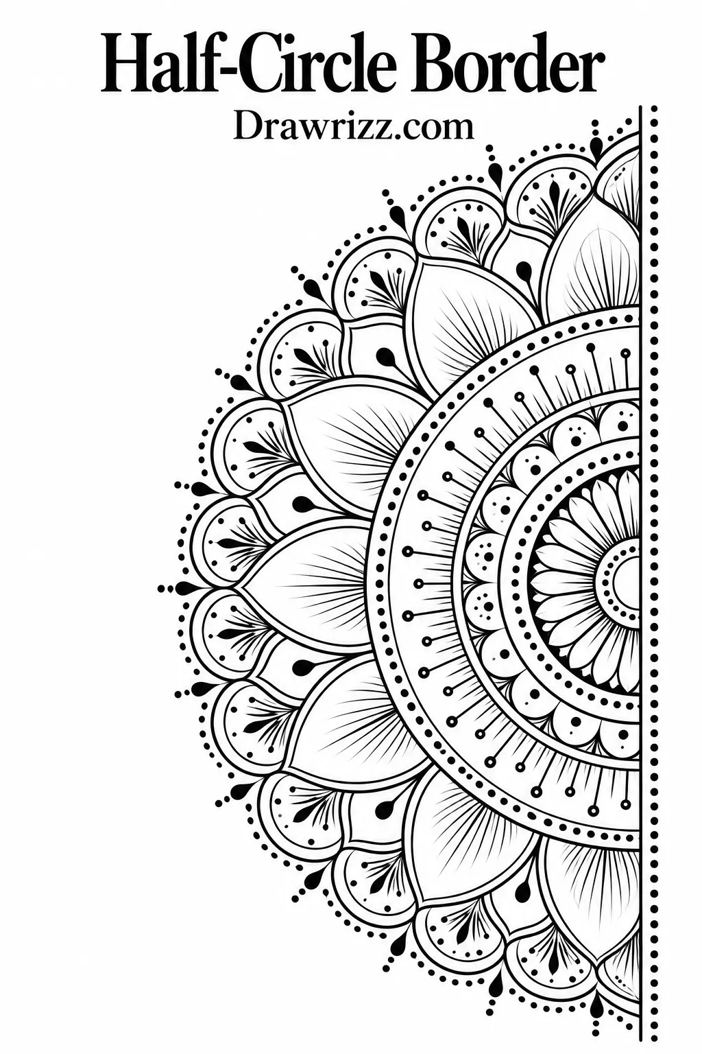 Mandala Drawing Ideas featuring a detailed half-circle border with layered petals, fine lines, dotted accents, and elegant symmetrical patterns