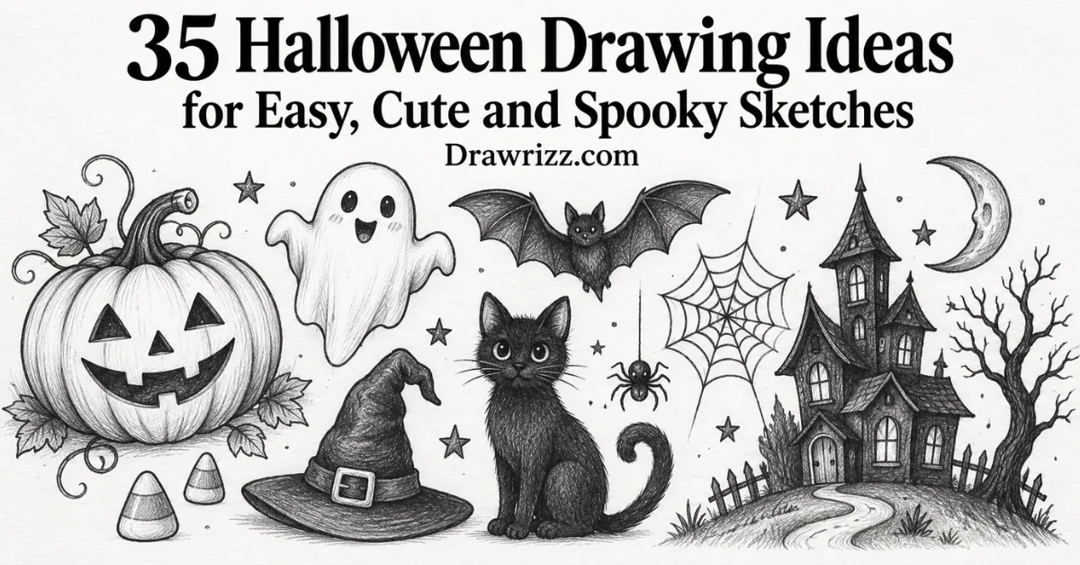 Halloween Drawing Ideas featuring a pumpkin, ghost, bat, black cat, witch hat, haunted house, spider web and crescent moon.