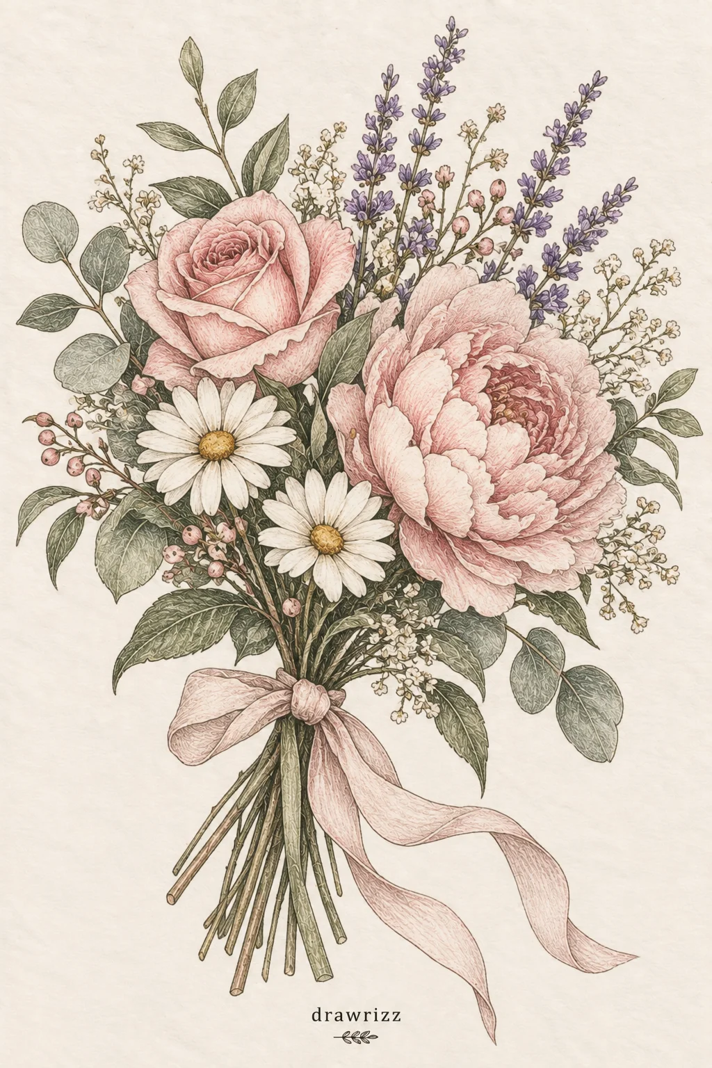Easy flower drawing ideas featuring a hand-tied bouquet drawing of pink roses, peony, daisies, lavender and eucalyptus