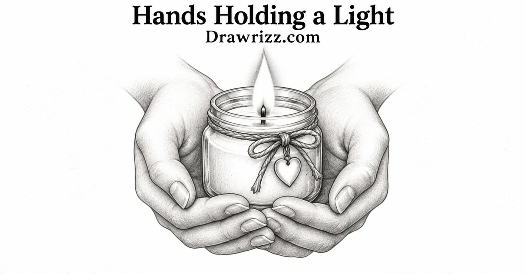 Hands holding a light drawing with glowing jar candle, heart charm and tied cord in detailed black-and-white pencil sketch.