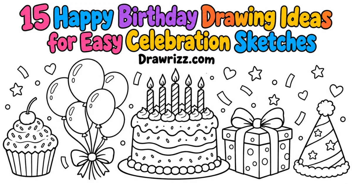 Happy Birthday Drawing Ideas featuring cake, balloons, cupcake, gift and party hat in easy black and white coloring line art.