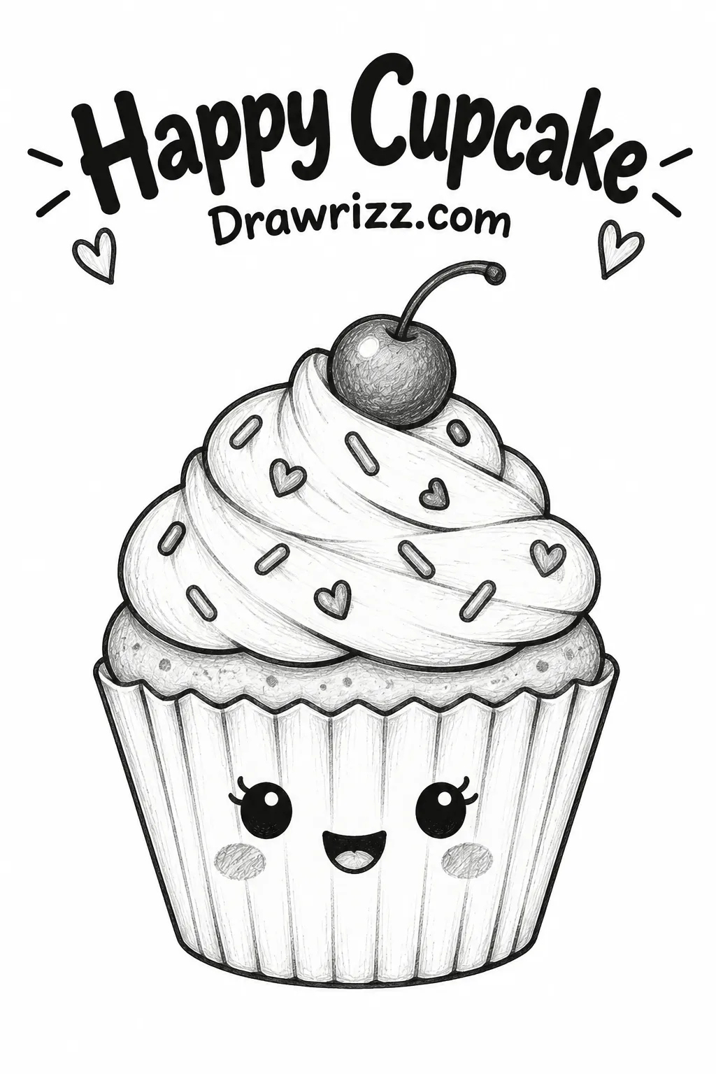 Easy Doodle Drawing Ideas featuring a happy cupcake with swirled frosting, cherry, sprinkles and cute pencil details for beginners.