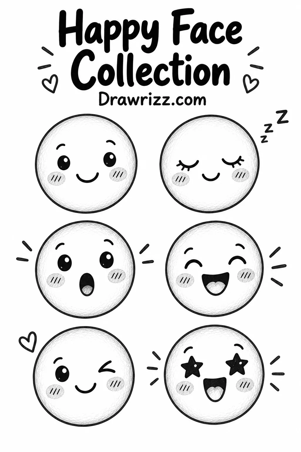 Easy Doodle Drawing Ideas featuring a happy face collection with cute smiling, sleepy, surprised, laughing, winking and excited expressions.