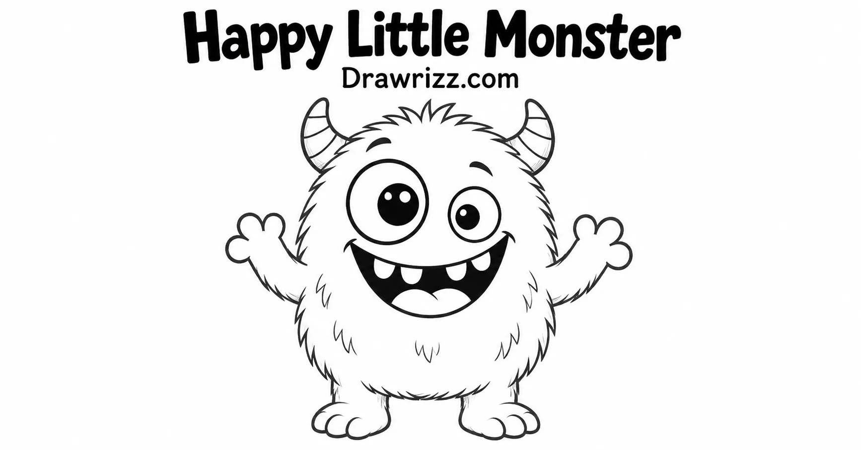 35 Halloween Drawing Ideas for Cute and Spooky Sketches Happy Little Monster drawing featuring a cute furry monster with big eyes, striped horns, raised arms, and a cheerful smile