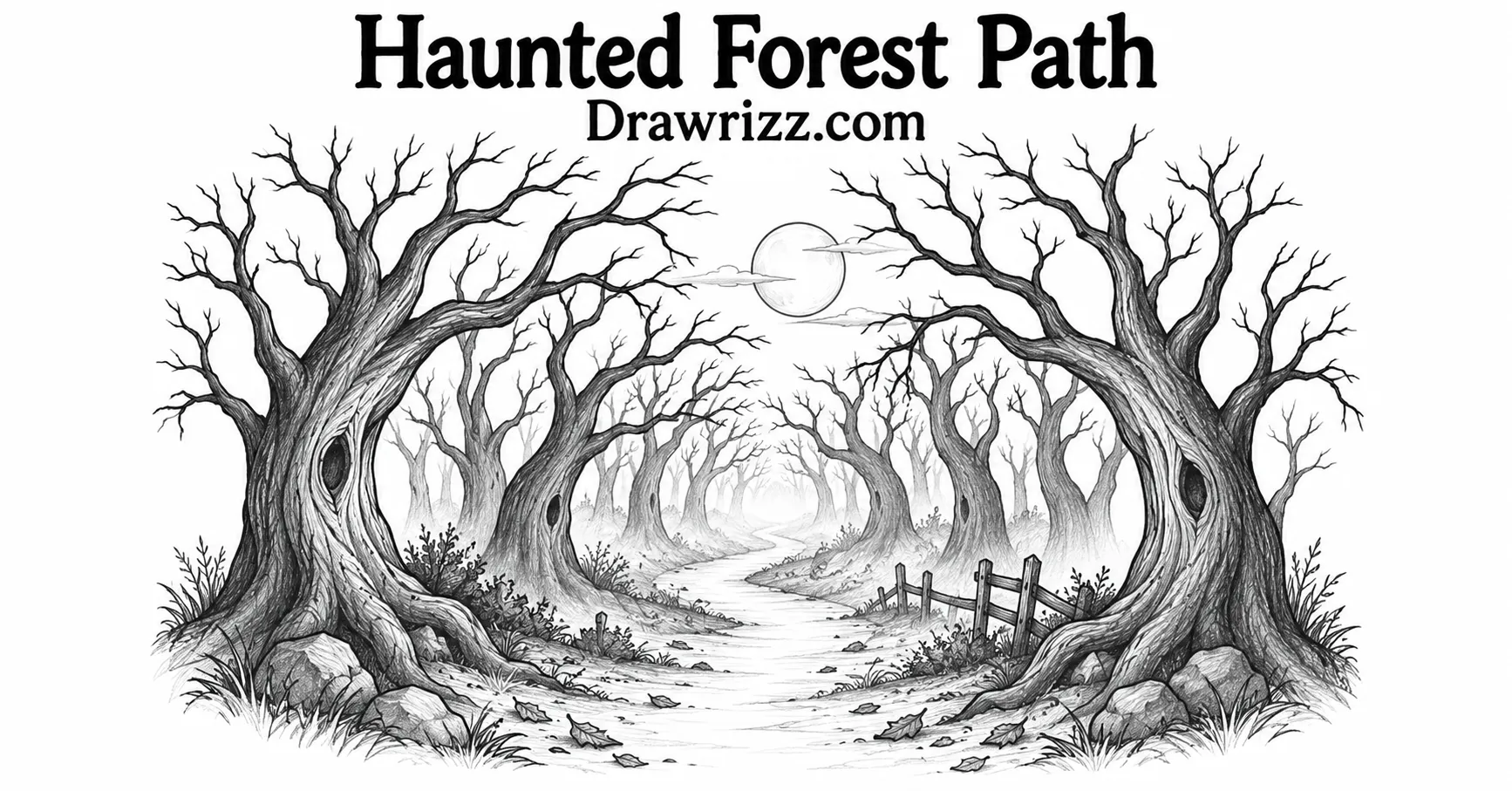 35 Halloween Drawing Ideas for Cute and Spooky Sketches Haunted Forest Path in black and white with twisted bare trees, a winding trail, distant moon, rocks, leaves, and an old fence.