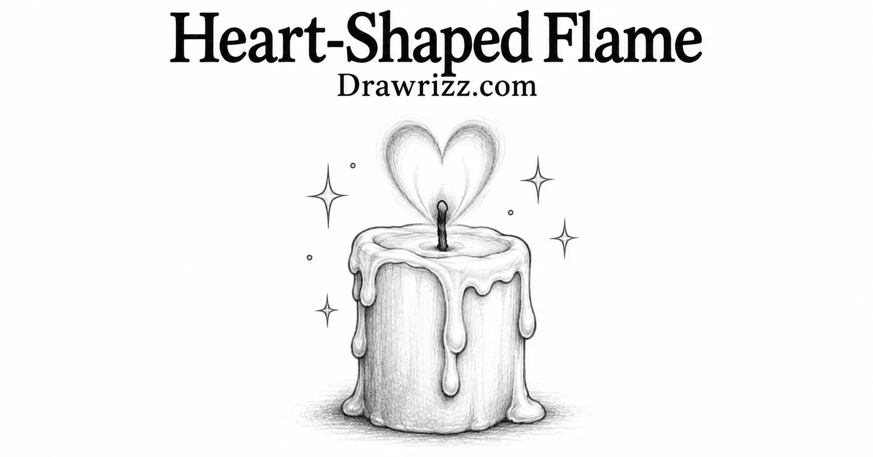 Heart-Shaped Flame candle drawing with melting wax, romantic heart flame, sparkles, and soft black and white pencil shading.