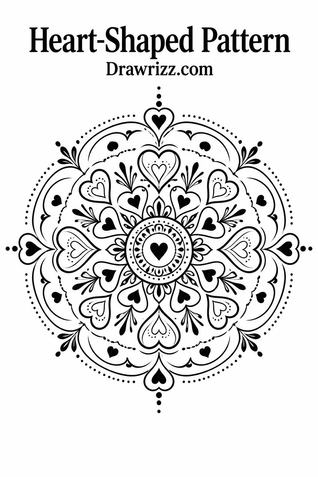Mandala Drawing Ideas featuring a heart-shaped pattern with layered hearts, floral details, decorative dots, and balanced circular symmetry.