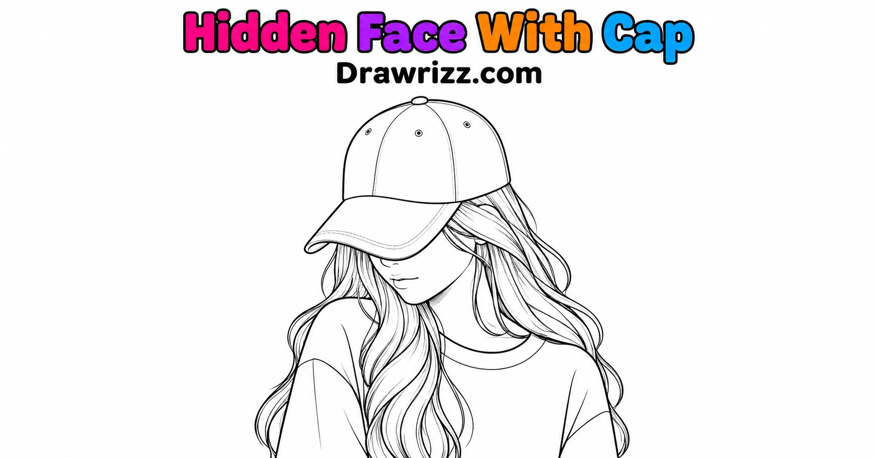 Girl Sketch Drawing Ideas featuring a hidden face girl wearing a cap with long flowing hair and clean black and white line art.