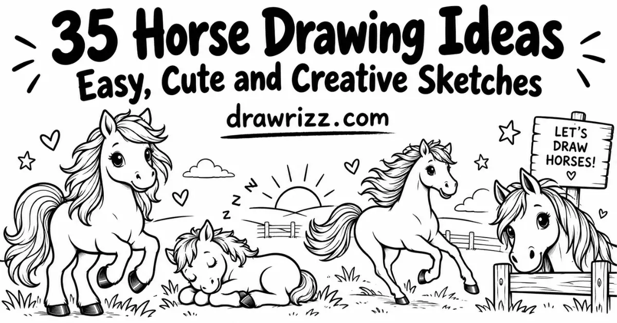 Horse drawing ideas featuring cute black and white pony sketches for kids, with easy creative horses in a playful scene fun!!