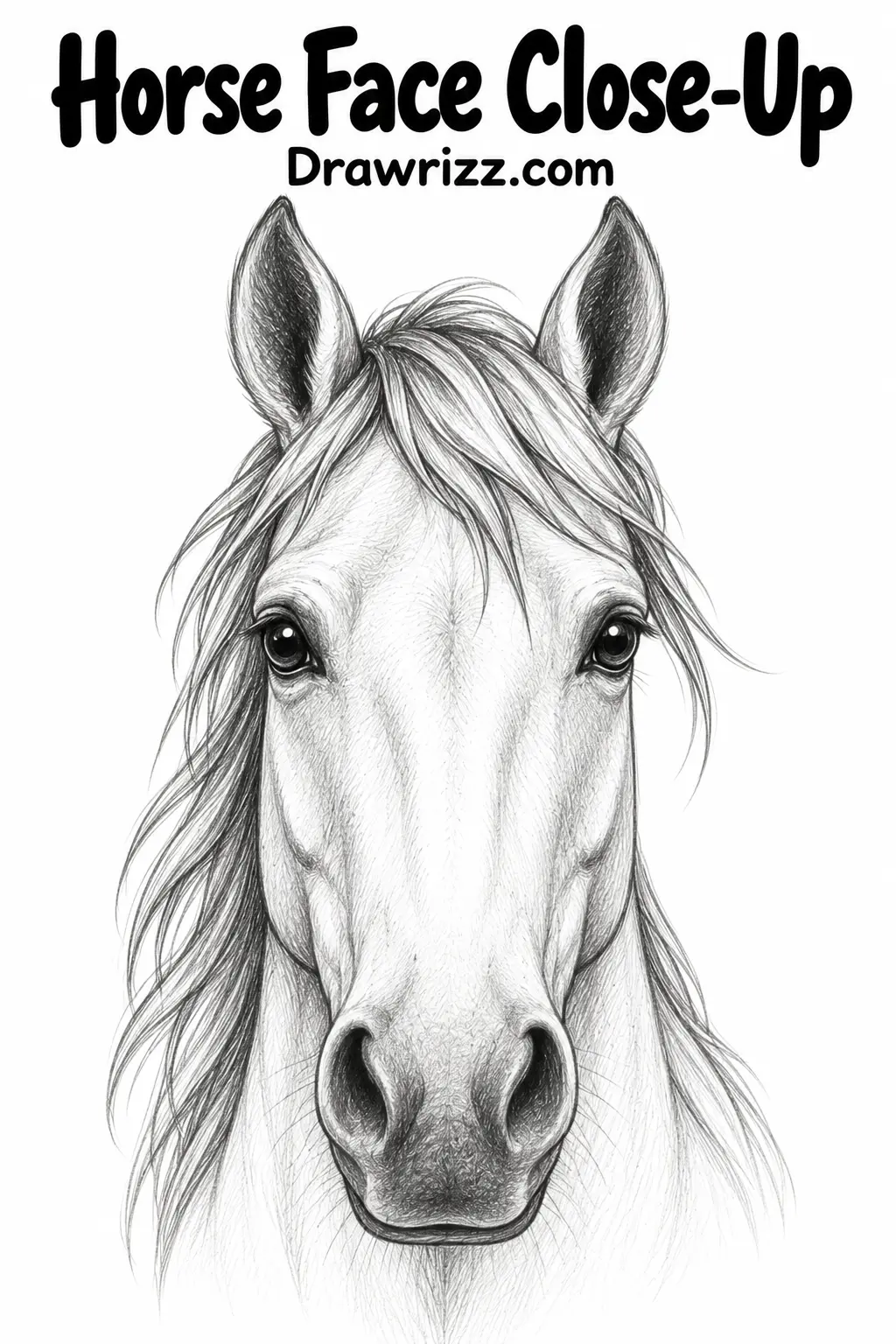 35 Horse Drawing Ideas Easy, Cute and Creative Sketches Horse Face Close-Up drawing with detailed graphite shading, expressive eyes and flowing mane, perfect for realistic horse drawing ideas.
