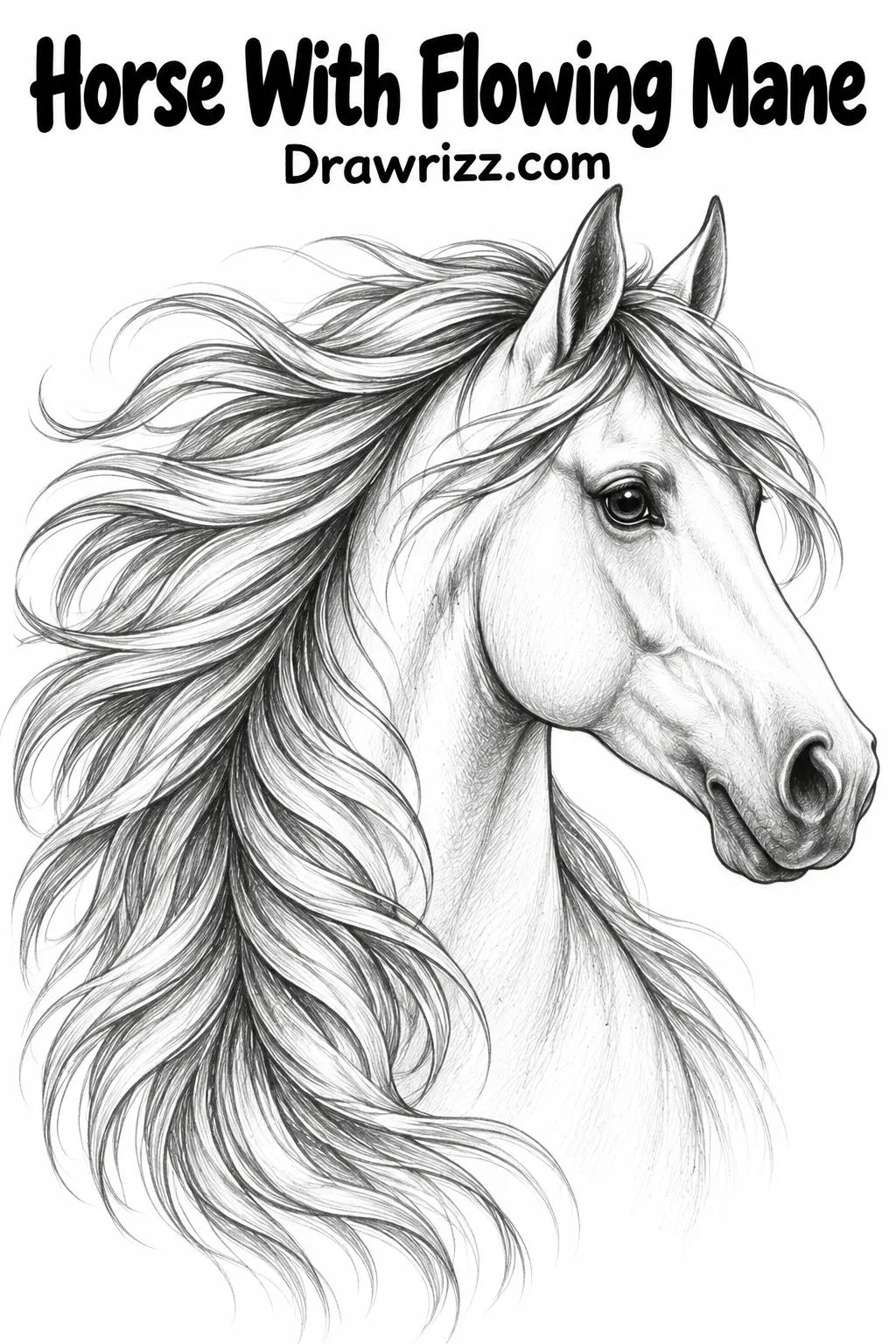 35 Horse Drawing Ideas Easy, Cute and Creative Sketches Horse With Flowing Mane drawing featuring detailed pencil shading and long windswept hair, perfect for creative horse drawing ideas.