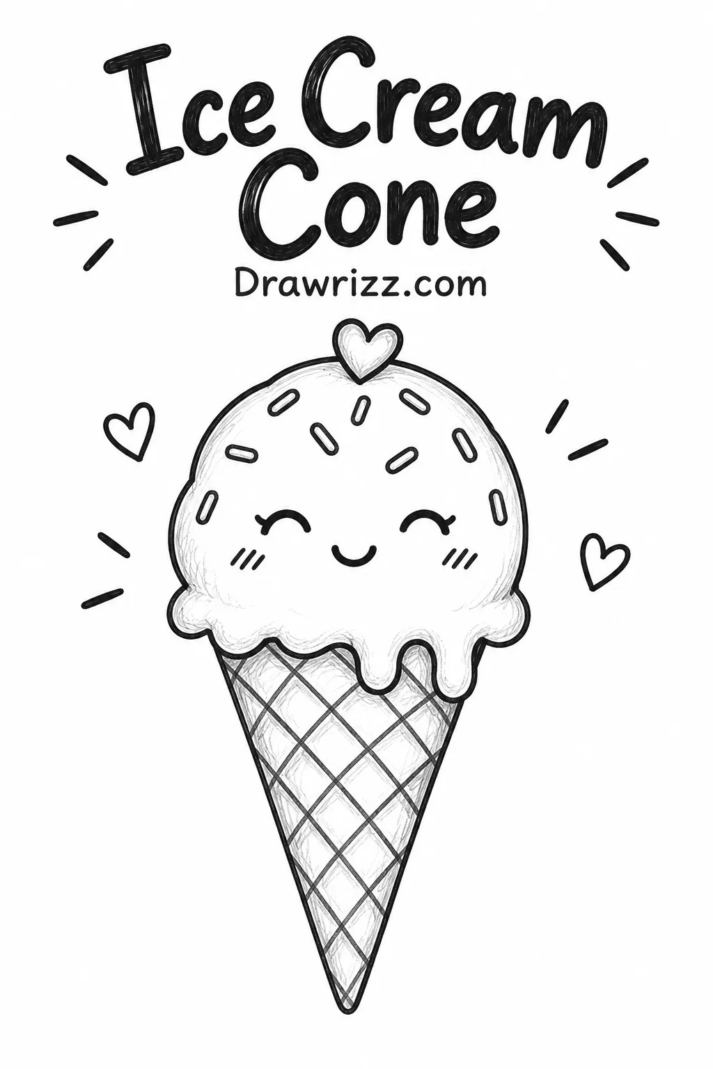 Easy Doodle Drawing Ideas featuring a cute ice cream cone with sprinkles, waffle pattern, smiling face and simple pencil art