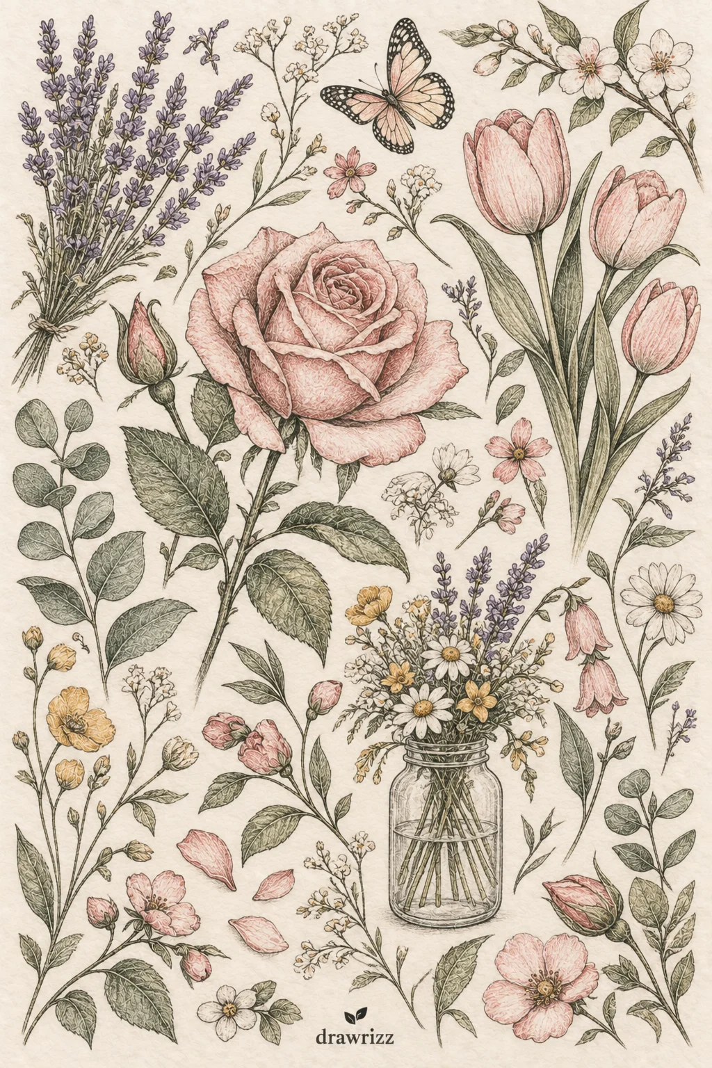 Ideas for Filling an Entire Sketchbook Page featuring detailed botanical sketches of roses, tulips, lavender, daisies, wildflowers, cherry blossoms, leafy stems, a butterfly, scattered petals, and a charming flower-filled glass jar arranged in a creative full-page composition.