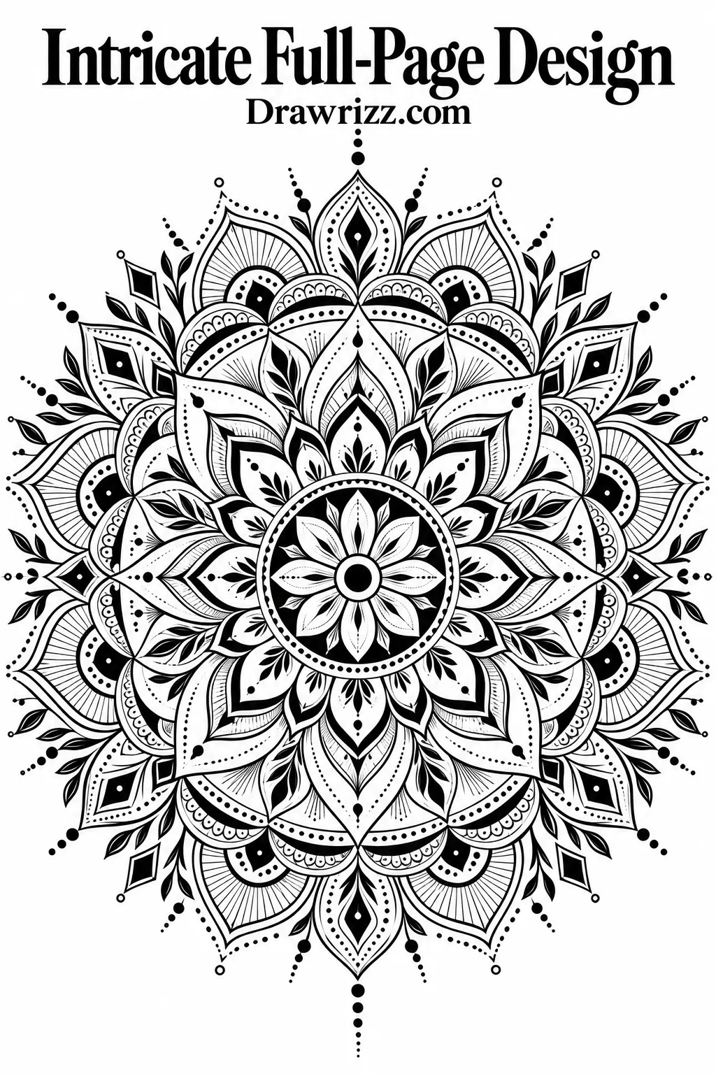 Mandala Drawing Ideas featuring an intricate full-page design with layered petals, geometric details, leafy accents, fine lines, and balanced radial symmetry.