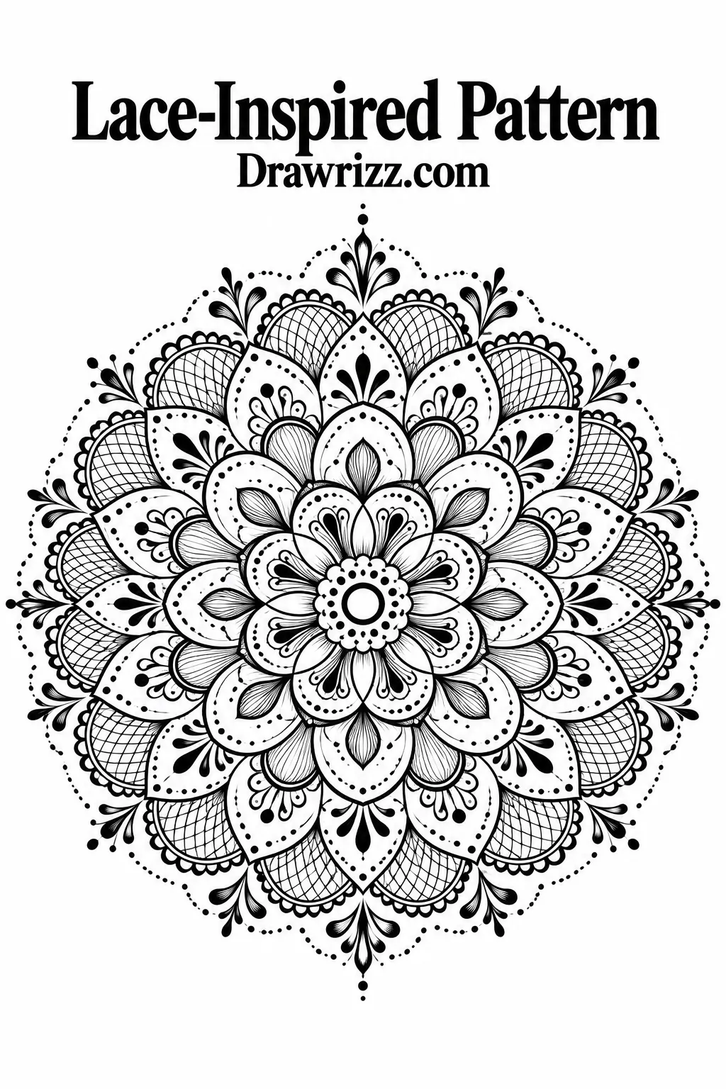 Mandala Drawing Ideas featuring a lace-inspired pattern with layered floral petals, delicate mesh details, scalloped edges, dots, and radial symmetry.
