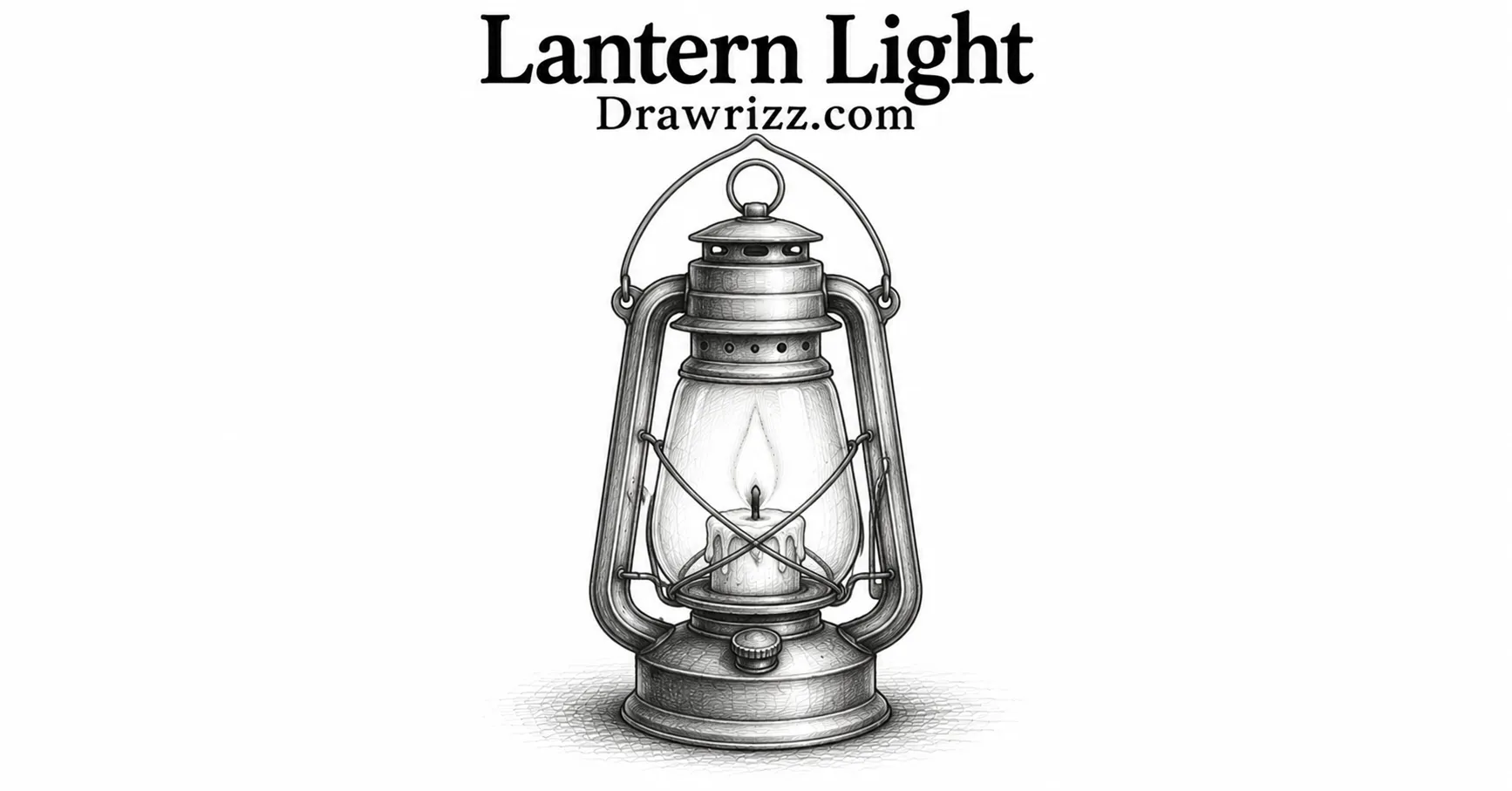 Lantern Light candle drawing with vintage metal lantern, glowing flame, glass chamber, and detailed black and white pencil sketch.