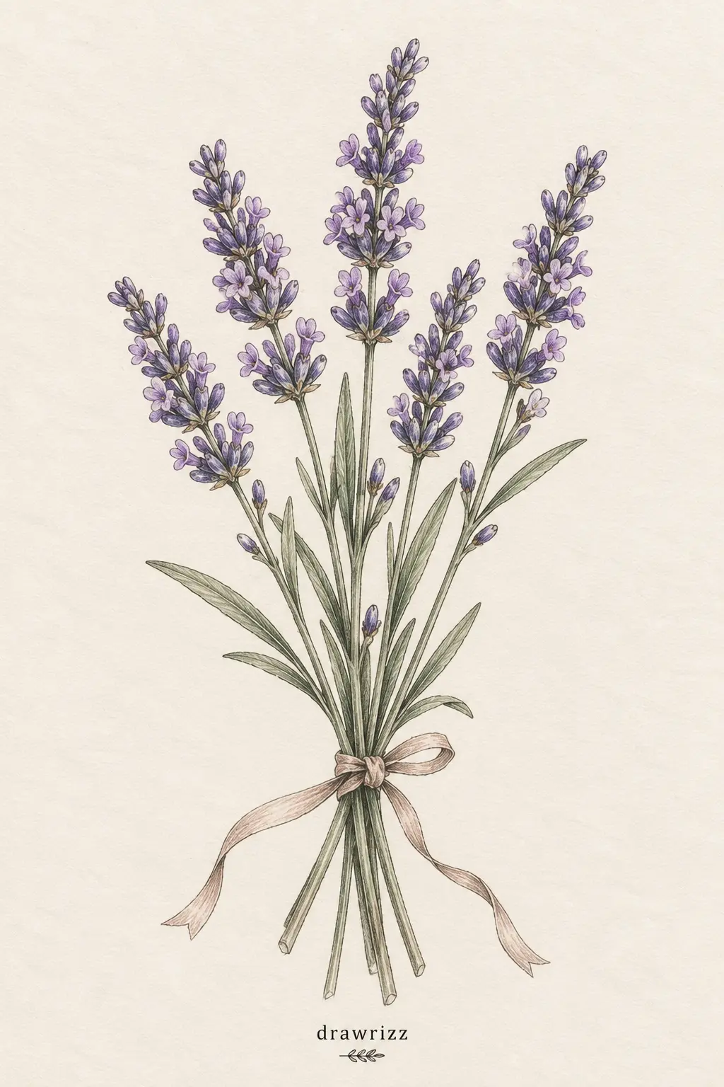 Lavender Sprigs easy flower drawing ideas featuring delicate purple lavender blooms, slender green leaves and stems tied with a soft ribbon.
