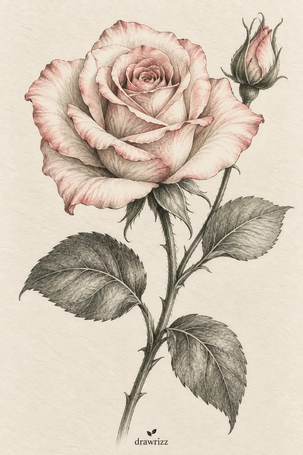 Layered Rose easy flower drawing ideas featuring a soft pink rose sketch with layered petals, detailed leaves, thorny stem and rosebud.