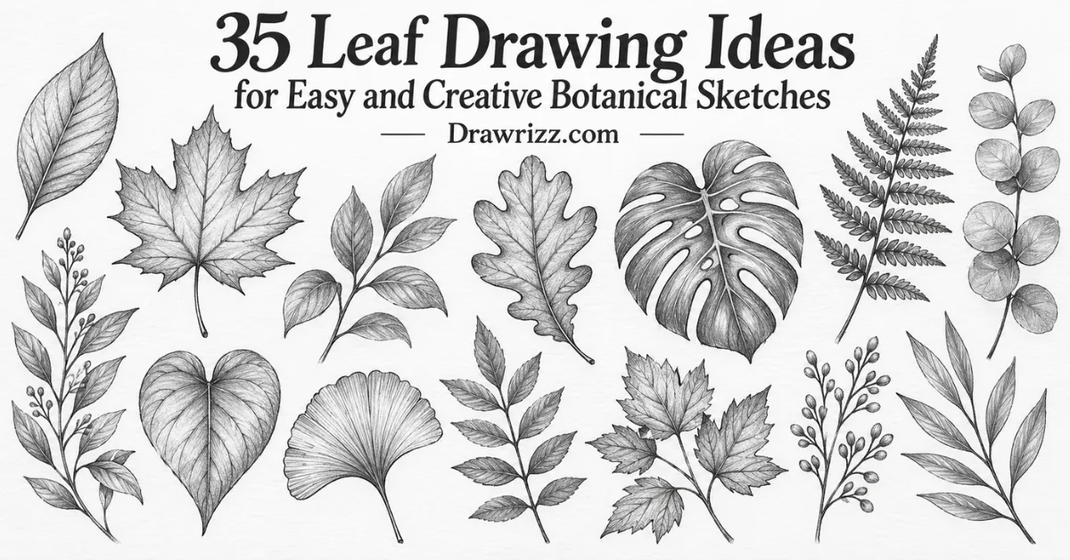 Leaf Drawing Ideas featuring maple, monstera, fern, eucalyptus, oak and botanical leaves in detailed black and white sketches.