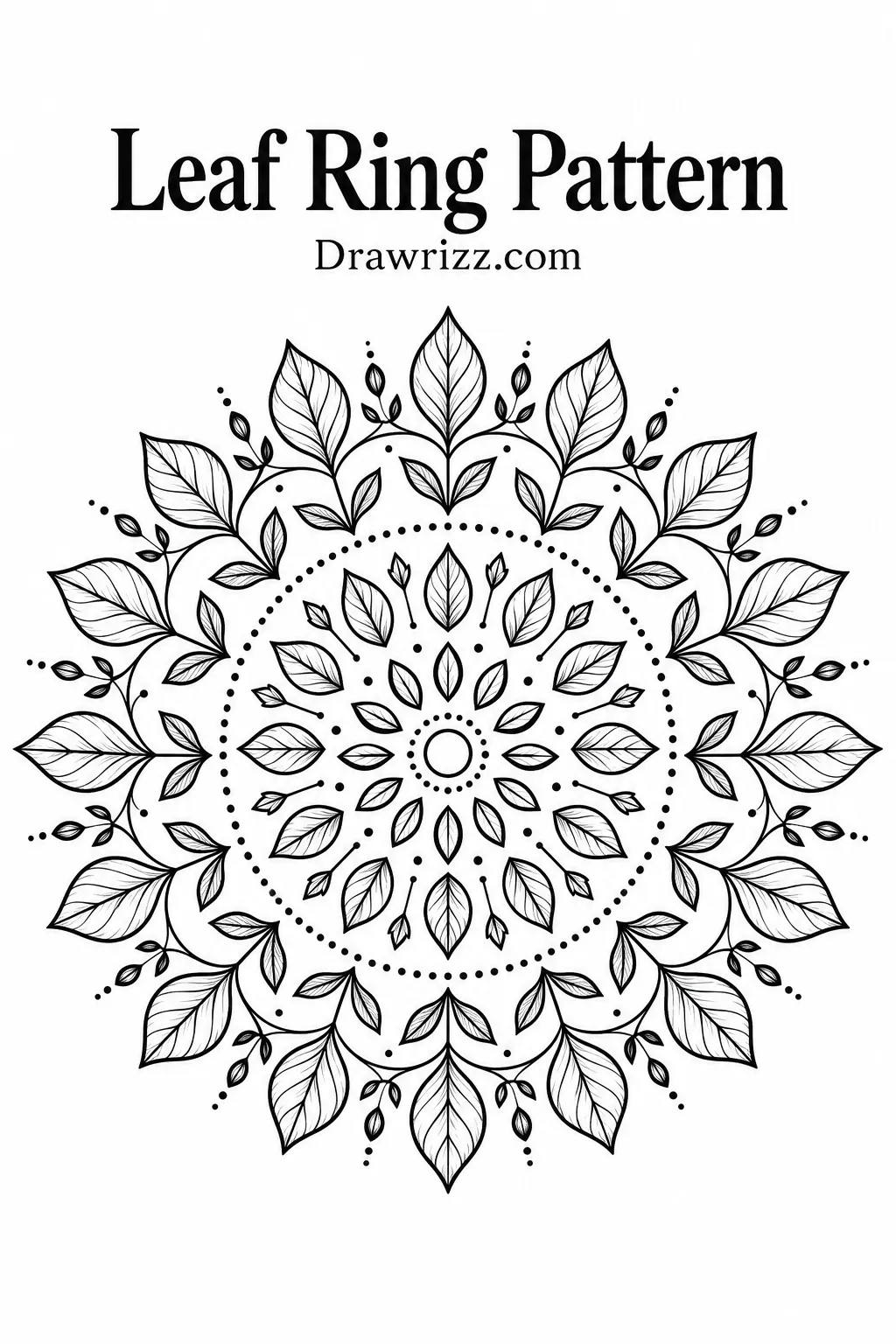 Mandala Drawing Ideas featuring a leaf ring pattern with layered botanical leaves, delicate branches, dotted circles, and balanced radial symmetry.