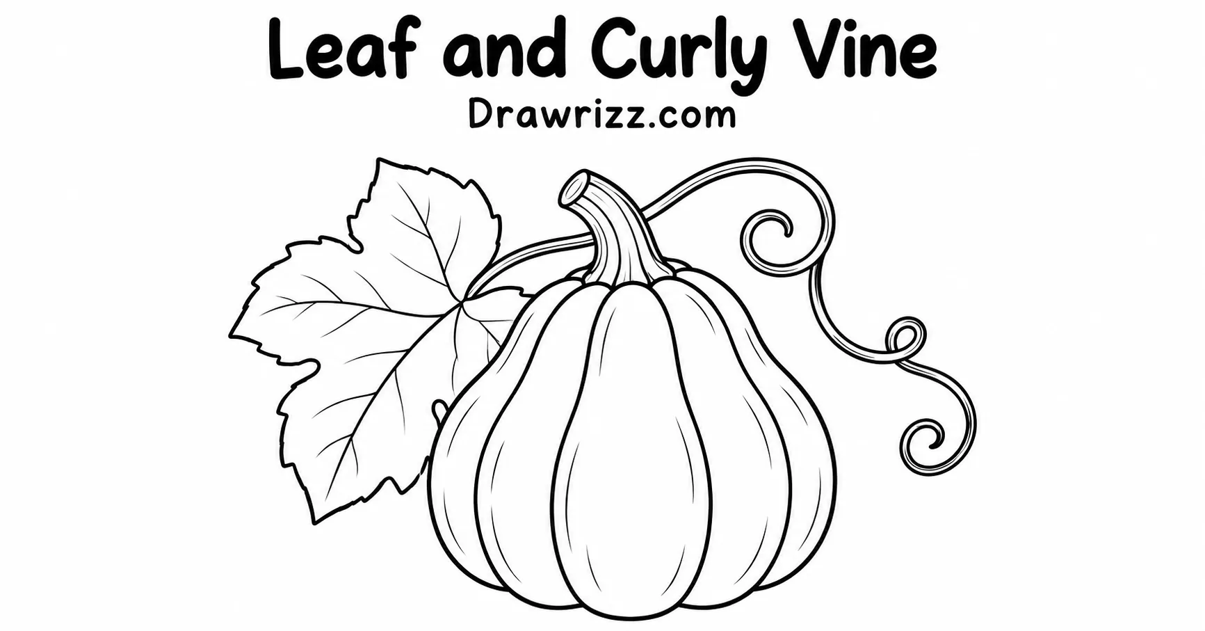 Pumpkin Drawing Ideas featuring a detailed leaf and curly vine with clean ribbed sections, a curved stem, and easy outline art.