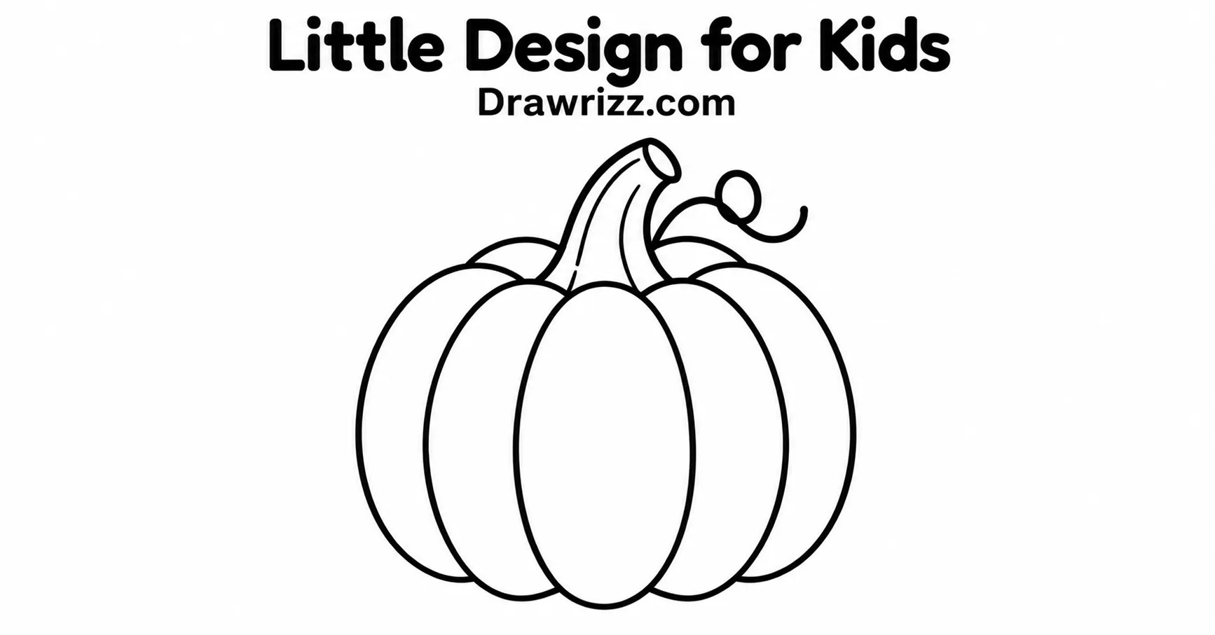 Pumpkin Drawing Ideas featuring a simple kid-friendly outline with rounded sections, curved stem, curly vine, and easy clean lines.