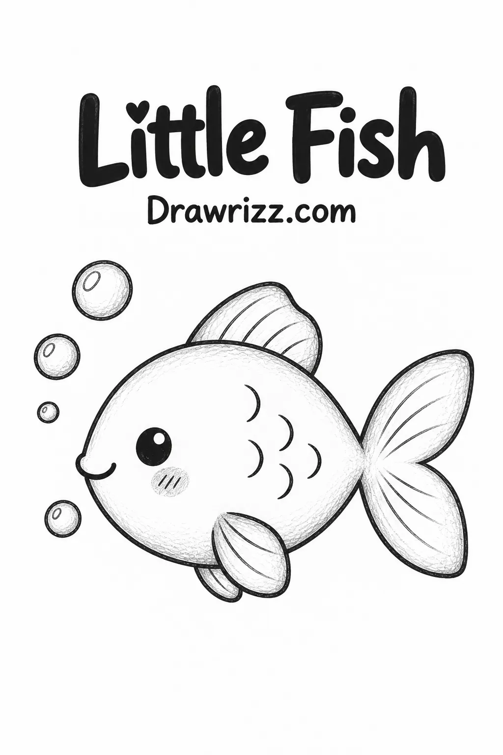 Easy Doodle Drawing Ideas featuring a little fish with cute fins, bubbles, smiling face and simple pencil details for beginners.