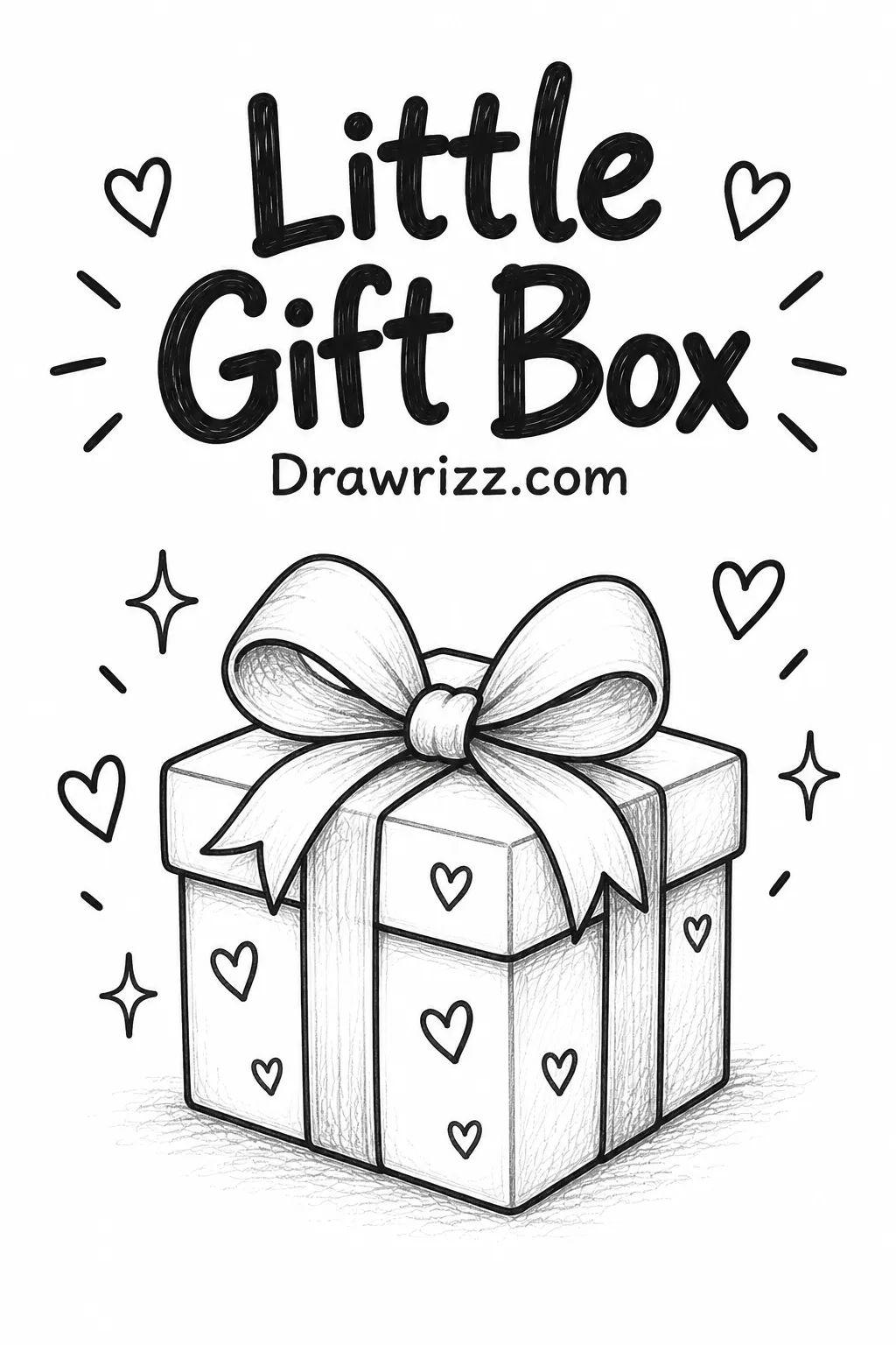 Easy Doodle Drawing Ideas featuring a little gift box with a large ribbon bow, hearts and sparkles in a simple black-and-white sketch.